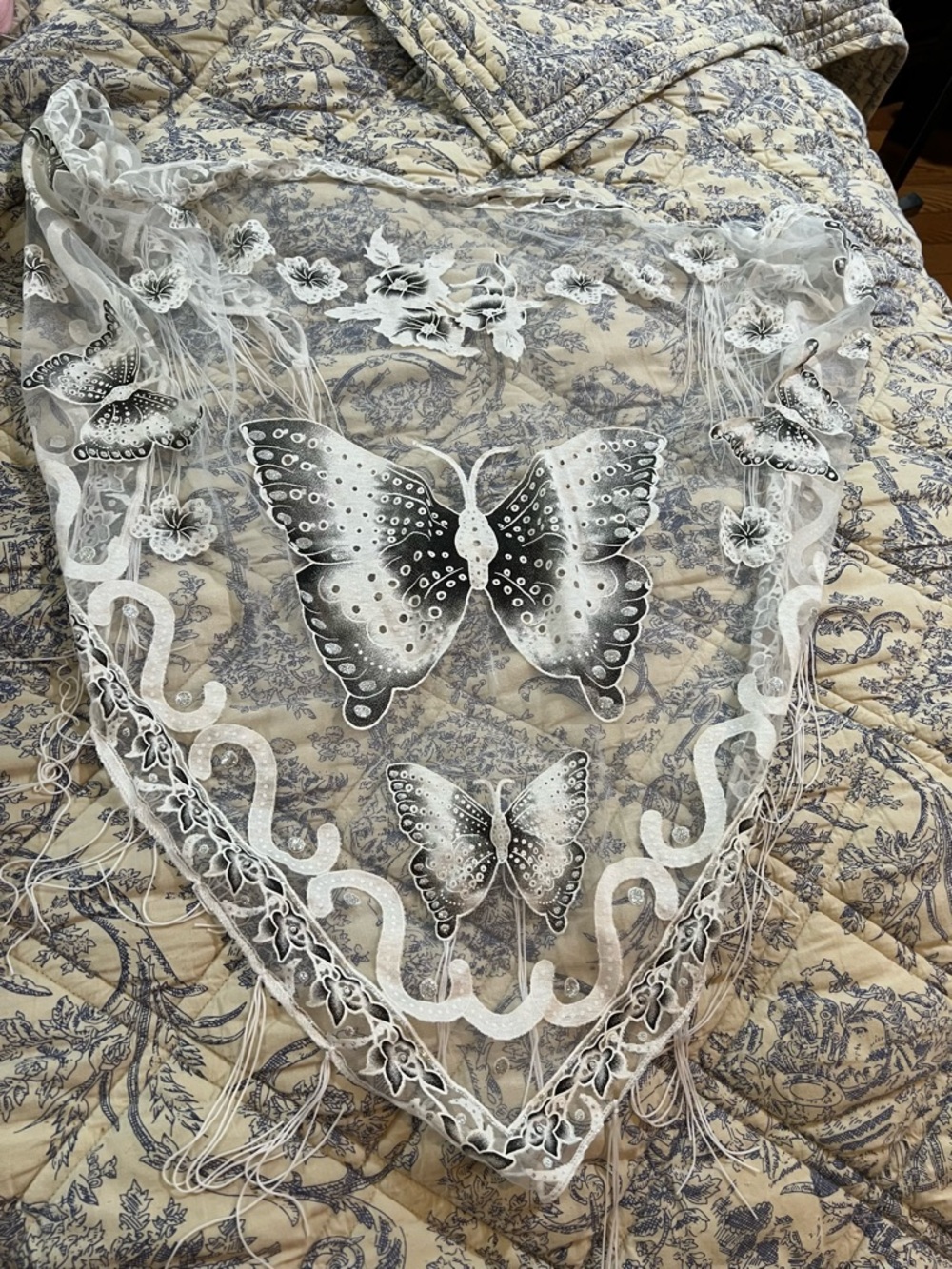 Sheer Butterfly Embroidered Lace Shawl - Black & White